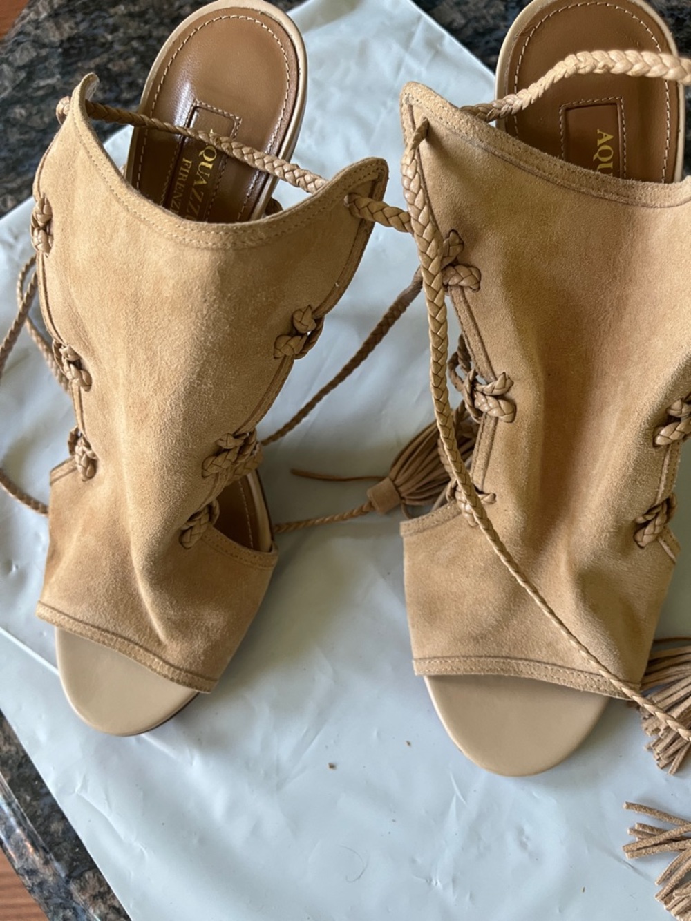 Aquazzura Tan Suede Lace-Up Peep Toe Heels